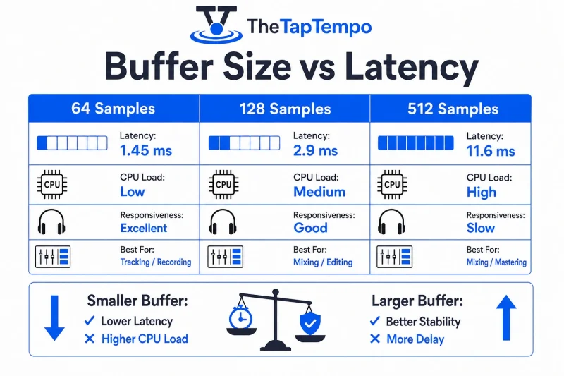 Chart showing how buffer size affects audio latency, CPU load, and monitoring responsiveness.