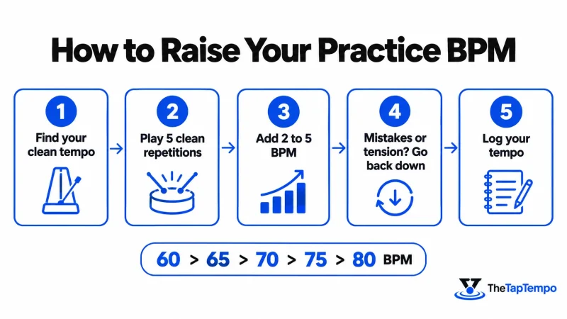 Step-by-step infographic showing how to raise practice BPM: find your clean tempo, play 5 clean repetitions, add 2 to 5 BPM, go back down if tension appears, and log your tempo.