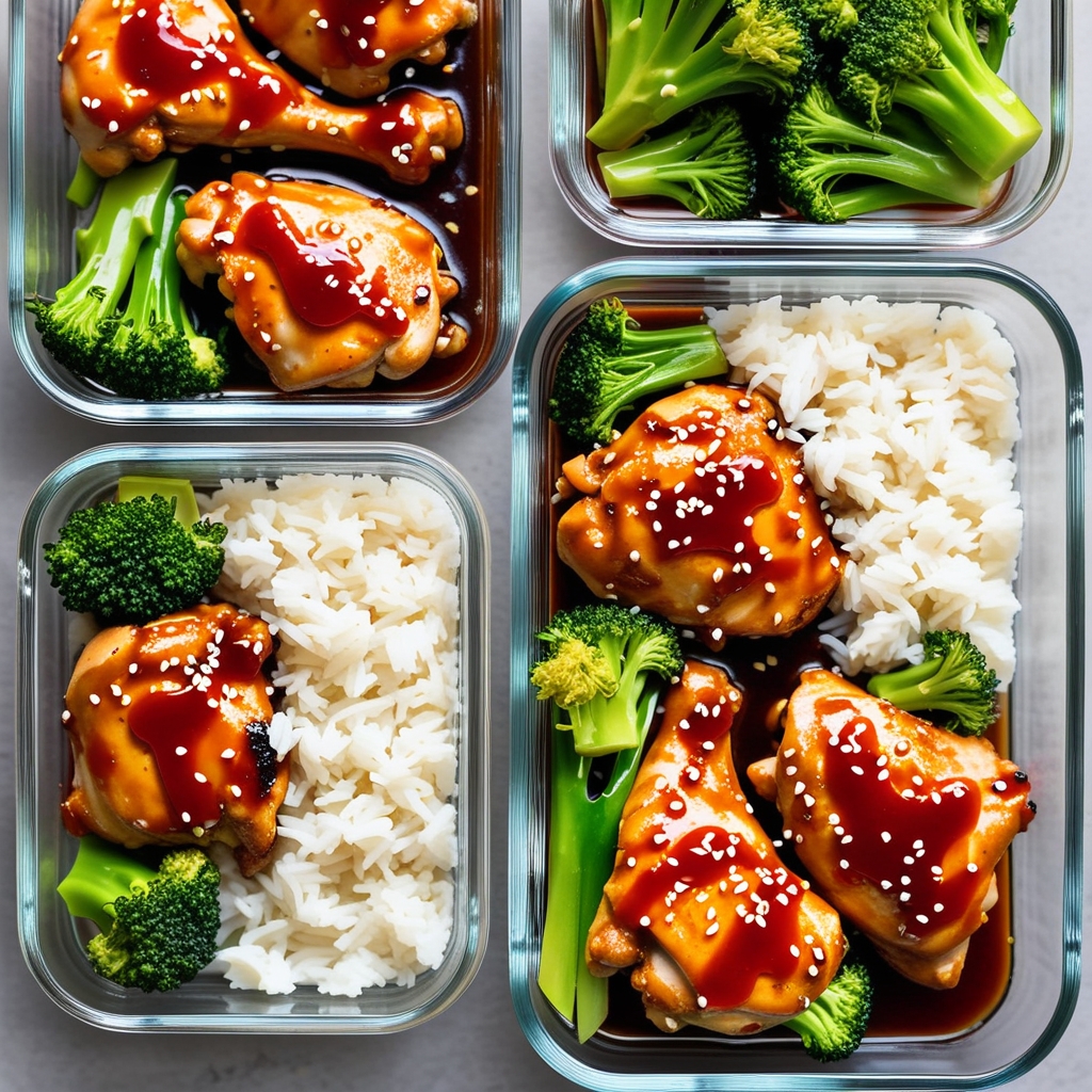 Teriyaki chicken meal prep containers with rice and broccoli