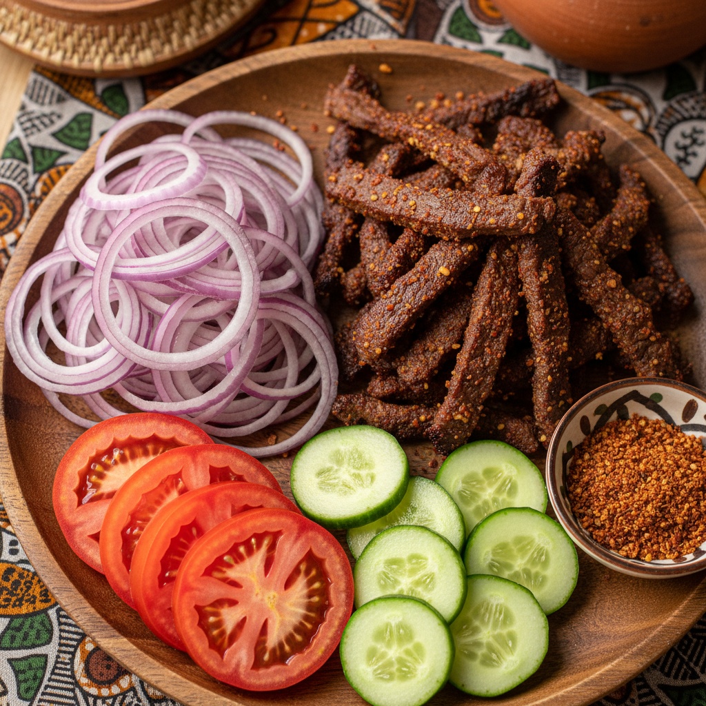 Lean Beef Suya with a generous side of Raw Sliced Onions, Tomatoes, and Cucumbers