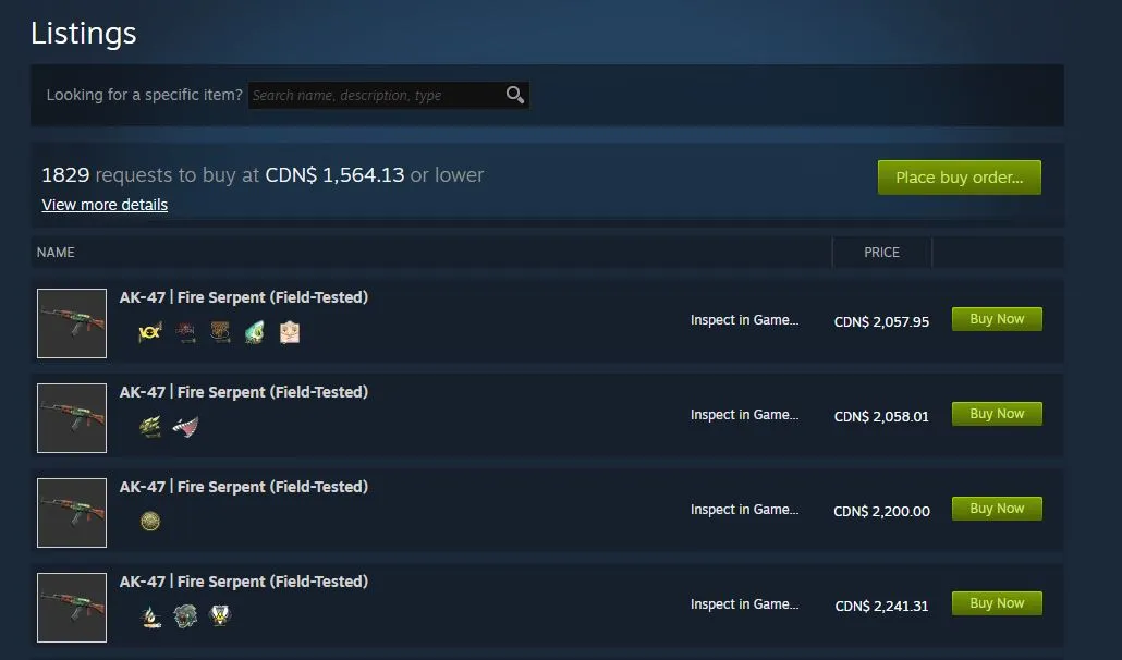 Resultados del Mercado de Steam Resultados de búsqueda con botón de inspección funcional