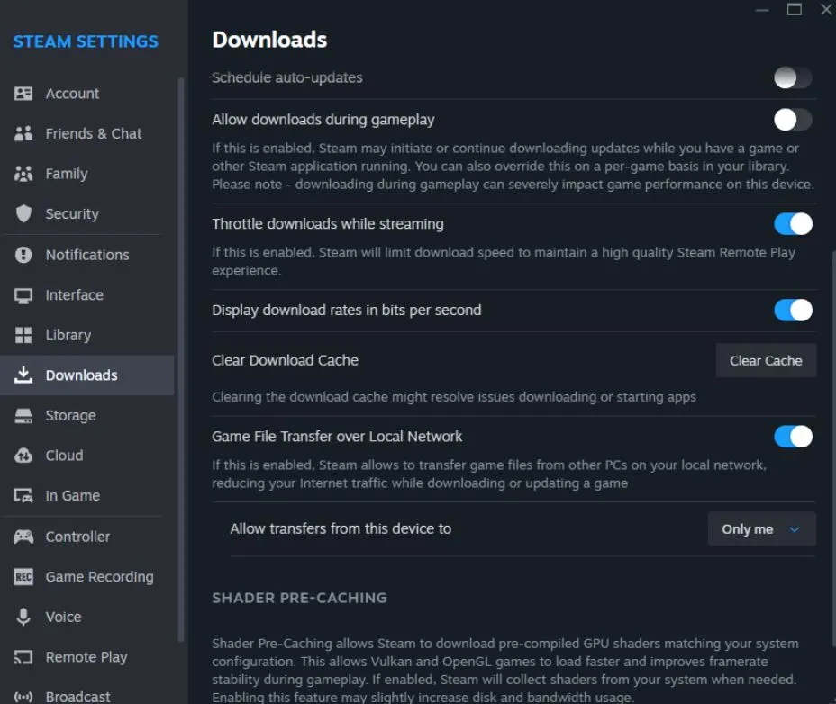 Configuración de descargas de Steam Configuración de descargas de Steam para reiniciar Overlay y caché