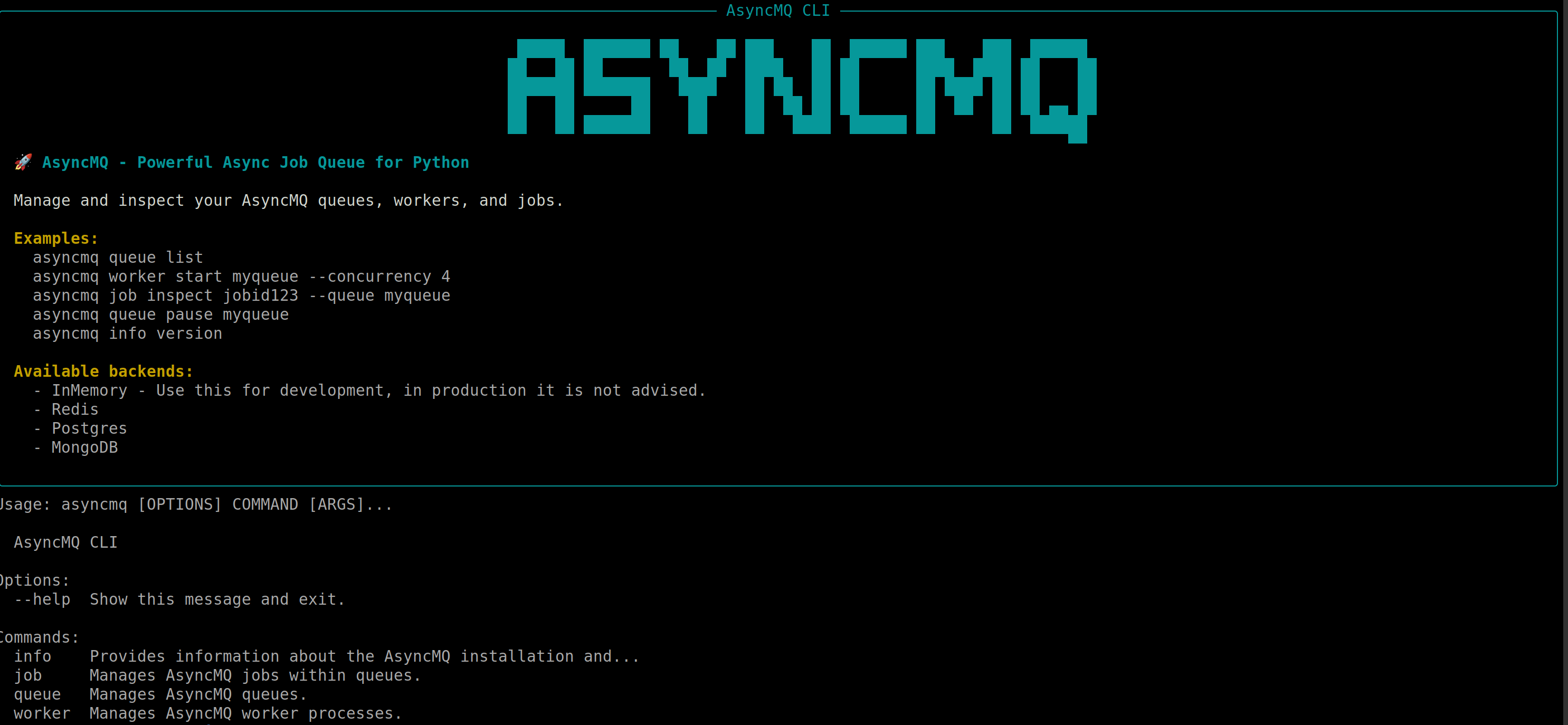 AsyncMQ CLI Help
