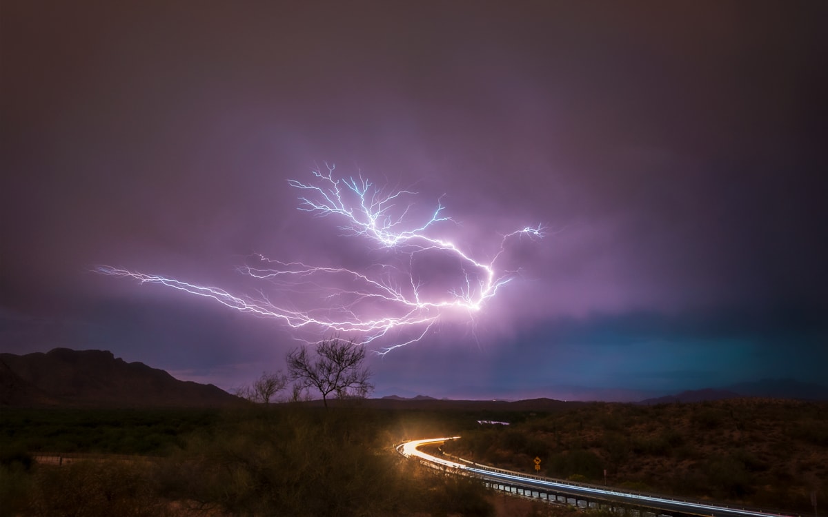 Desert Lightning Over the Highway fine art print - storms & weather photography by Southbound Studios