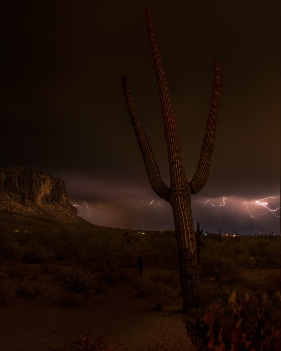 Monsoon Lightning at Superstition Mountain — Framed Print on gallery wall