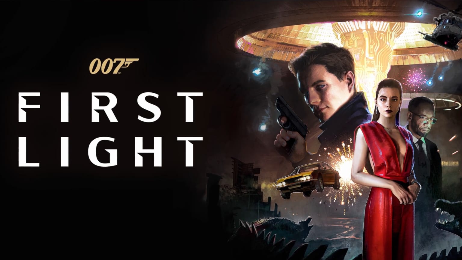 Arte oficial de Extended Operations com James Bond de pistola em punho, uma mulher de vestido vermelho e um homem de óculos, ao lado do logo de 007 First Light