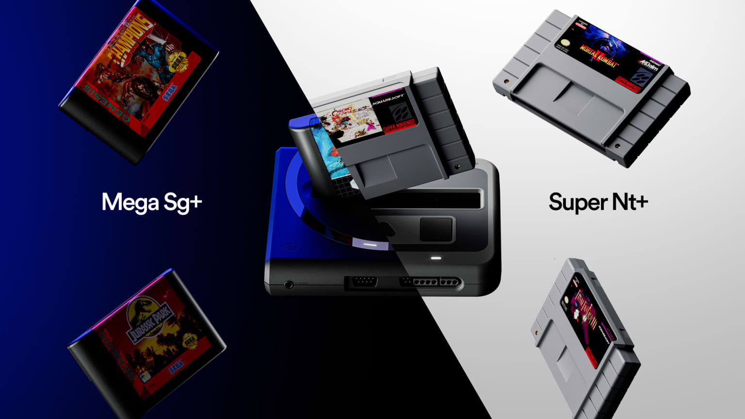 Mega Sg+ e Super Nt+ em arte dividida entre azul e branco, cercados por cartuchos de Mega Drive e Super Nintendo