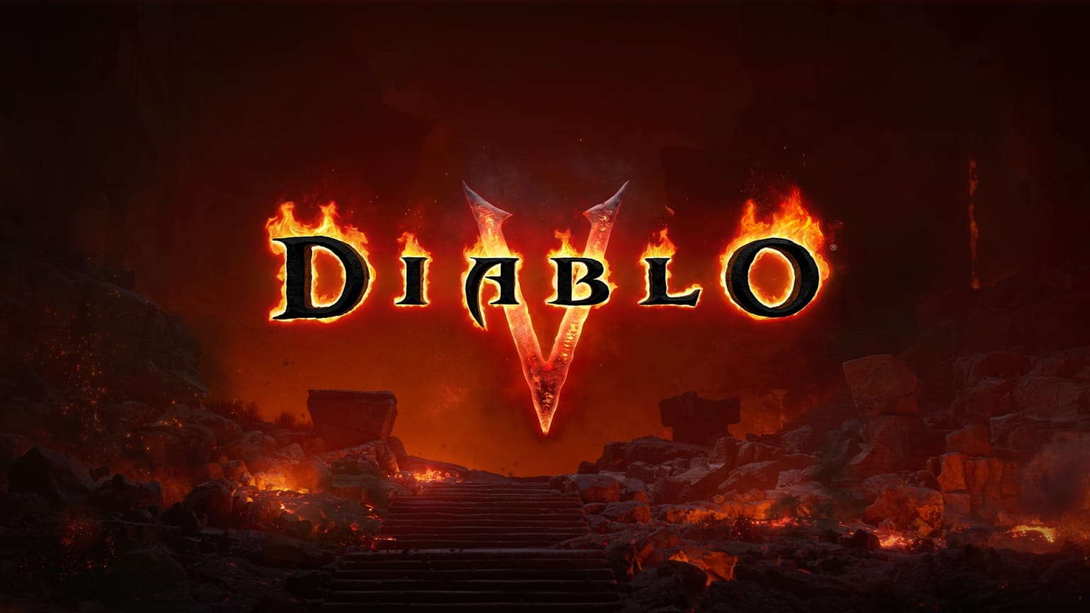 Logotipo de Diablo V em chamas sobre ruínas em brasa, com uma escadaria de pedra ao centro