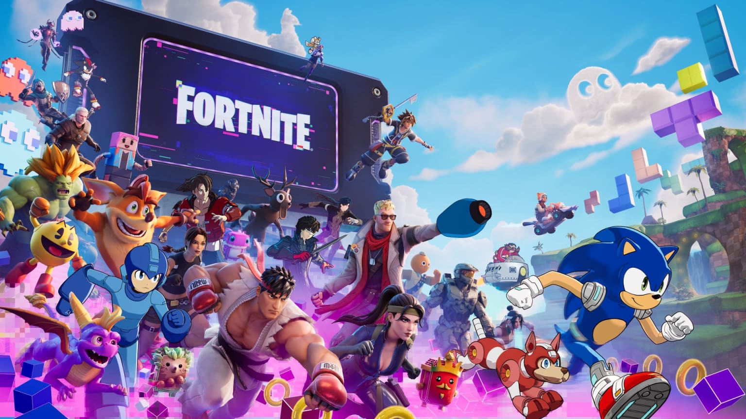 Arte oficial da temporada Override do Fortnite, com Sonic, Mega Man, Pac-Man, Crash Bandicoot e Spyro reunidos na ilha
