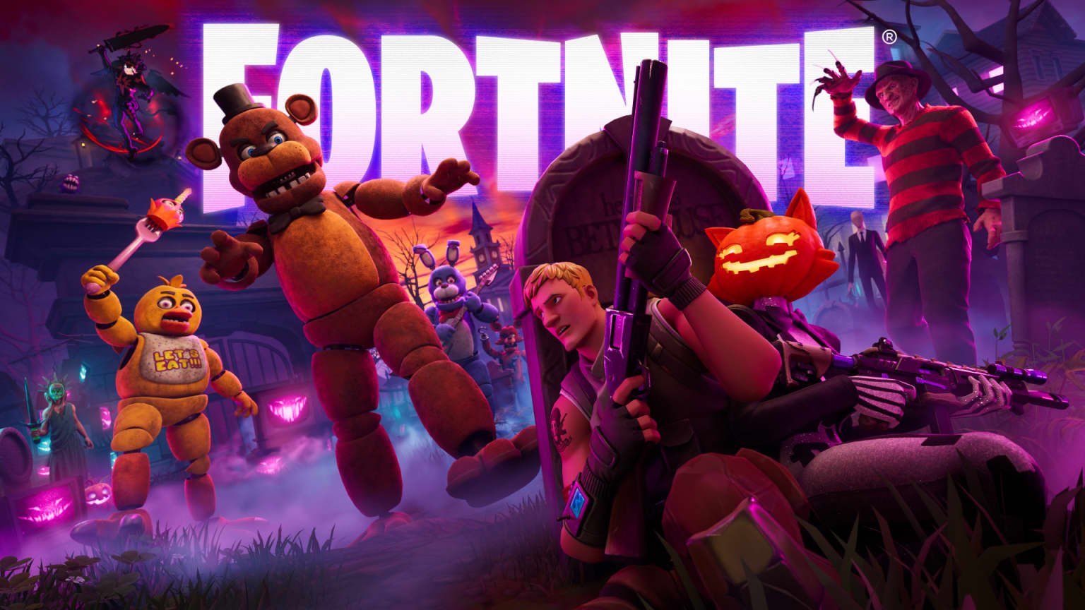Arte oficial do Fortnite: Pesadelos 2026, com Freddy Fazbear, Chica, Bonnie, Jonesy, Freddy Krueger e Slender Man entre lápides e uma casa assombrada, sob o logo do Fortnite