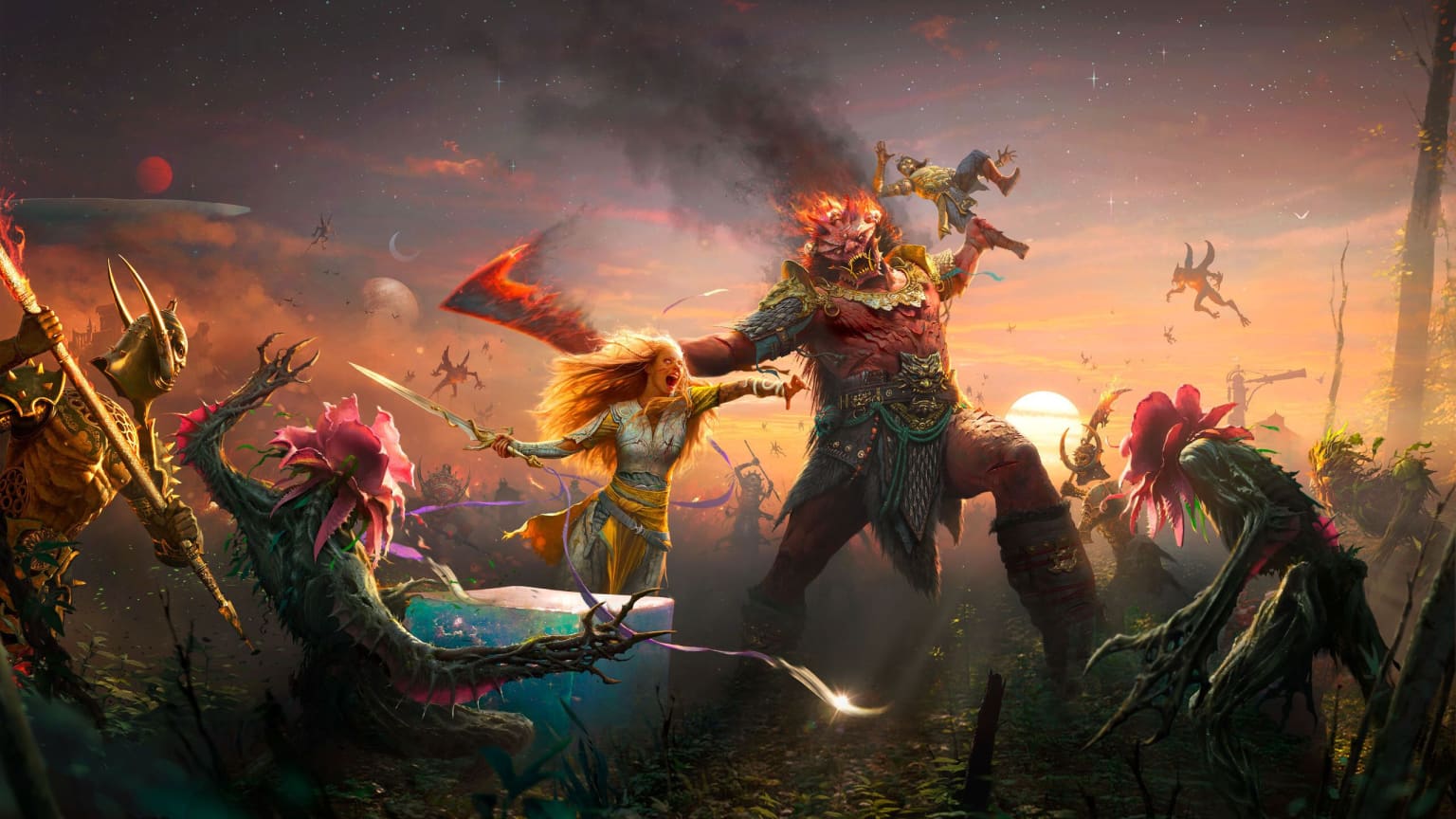 Arte de God of War Laufey com Faye de espada em punho diante de um gigante de cabelos em chamas, com o cubo Phranque ao lado dela