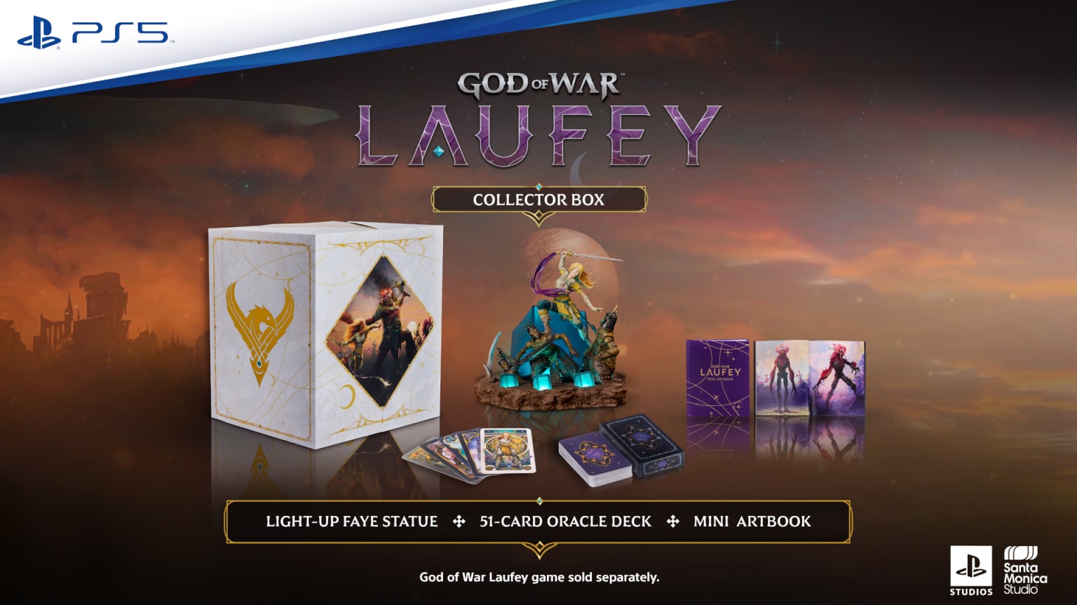 Collector Box de God of War Laufey, com a caixa branca e dourada, a estátua de Faye de espada erguida sobre o cubo Phranque, o baralho de oráculo e o minilivro de arte