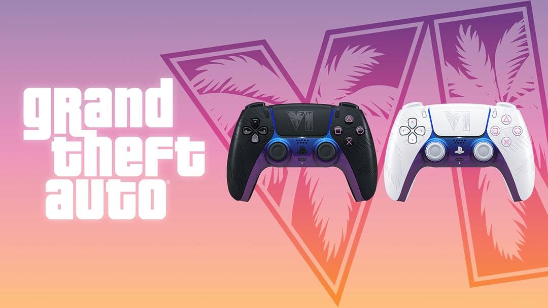 Os controles DualSense preto e branco de edição limitada de Grand Theft Auto VI sobre a arte de Vice City em tons de pôr do sol