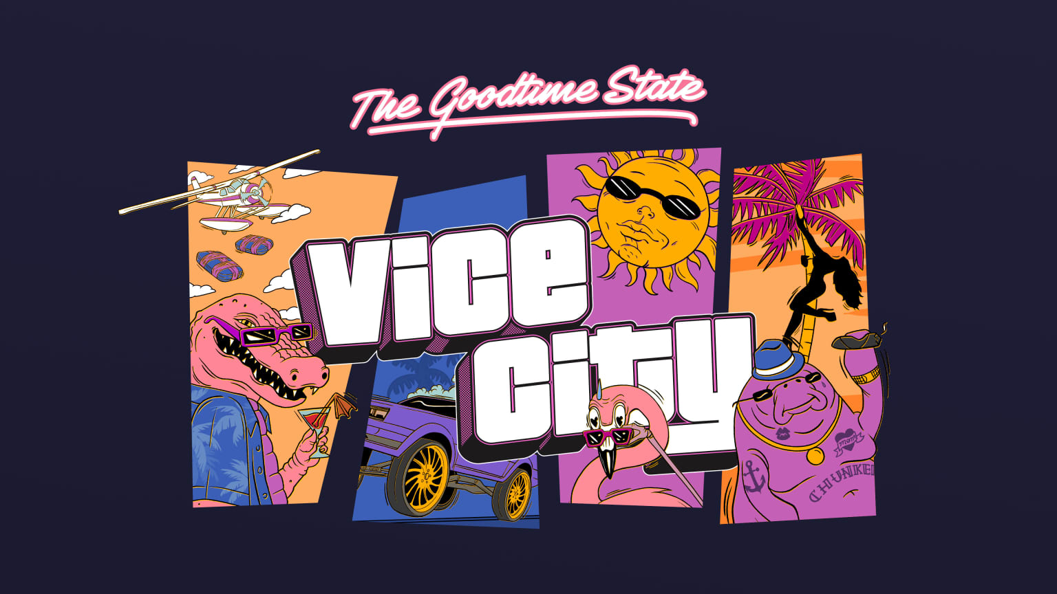 Arte de The Goodtime State: Vice City Collection, com Macca, o Jacaré, de óculos escuros e drinque na mão, um sol de óculos, um flamingo e Chunkee, o Peixe-boi, em painéis coloridos de Vice City