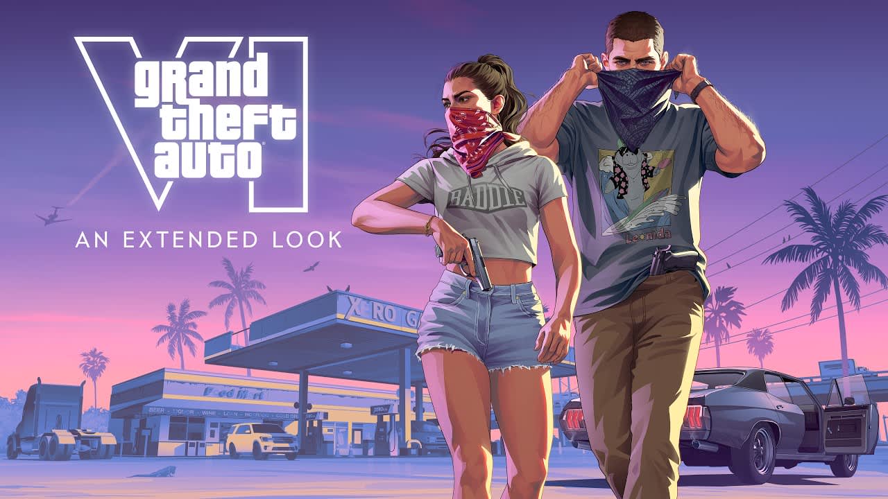 Arte oficial de Um Olhar Estendido, com Lucia e Jason cobrindo o rosto com bandanas diante de um posto de gasolina em Leonida