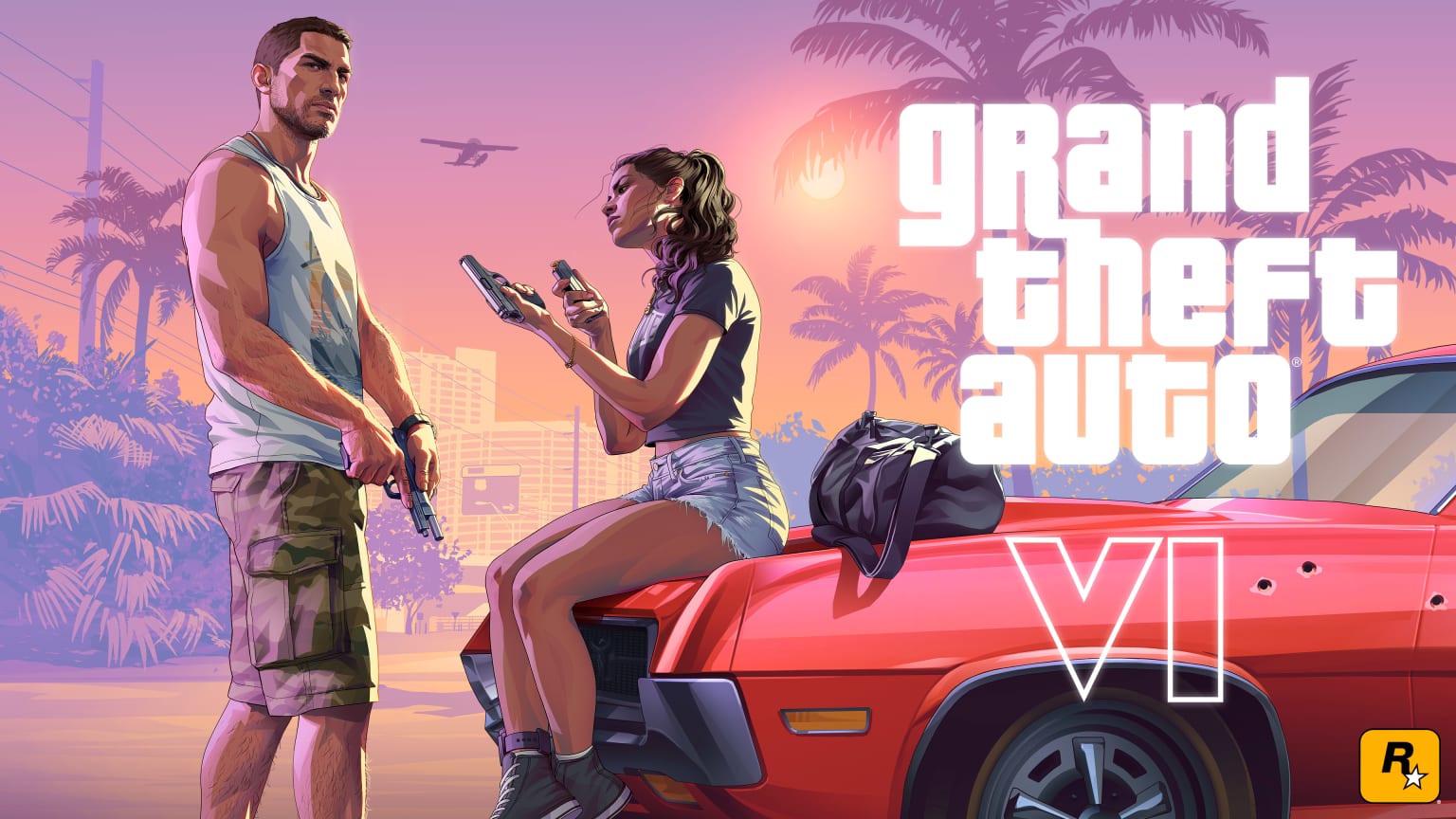 Arte oficial de Grand Theft Auto VI com o logo do jogo, Jason de pé com uma pistola e Lucia sentada no capô de um carro vermelho, recarregando a arma ao pôr do sol
