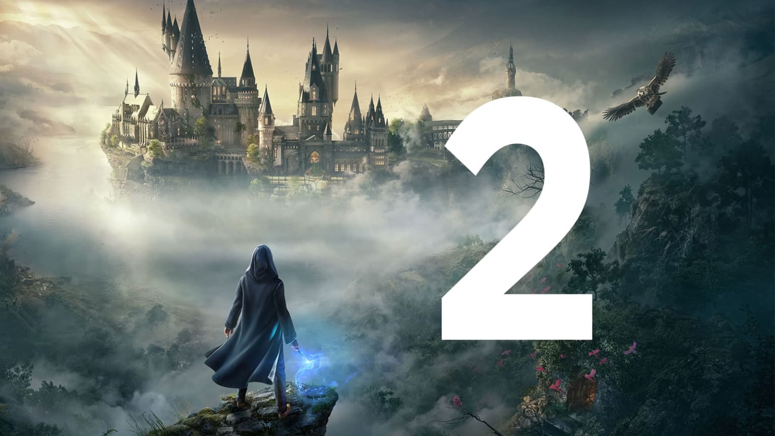 Arte de Hogwarts Legacy com o castelo de Hogwarts entre a neblina e um bruxo de capa observando ao longe, com o número 2 sobreposto