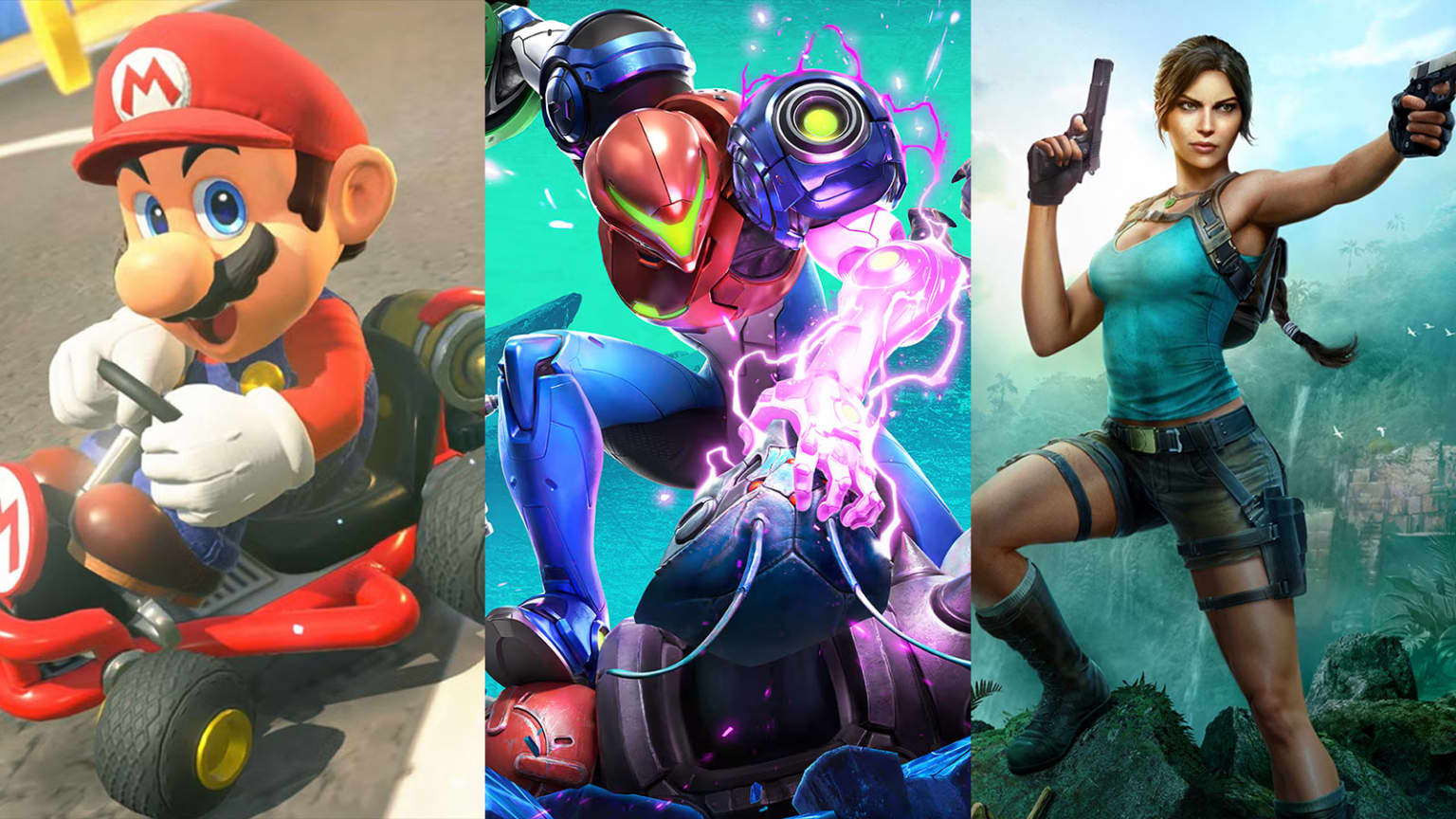 Montagem em três partes com Mario ao volante do kart, Samus Aran em combate e Lara Croft de pistolas em punho