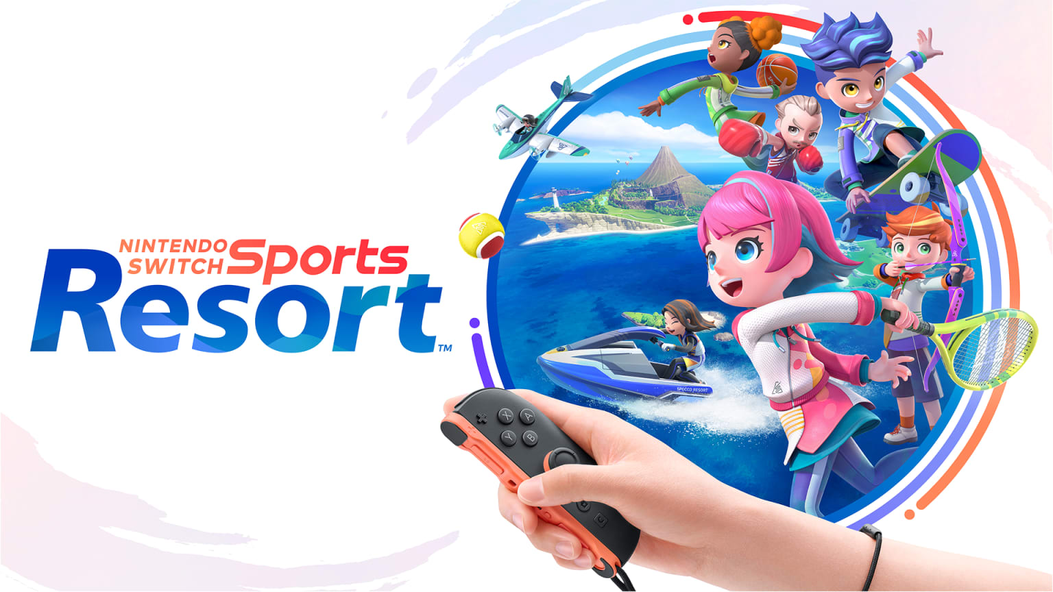 Arte oficial de Nintendo Switch Sports Resort, com o logo e personagens de tênis, basquete, boxe, skate, tiro com arco e motonáutica diante da Ilha Wuhu, e uma mão segurando o controle