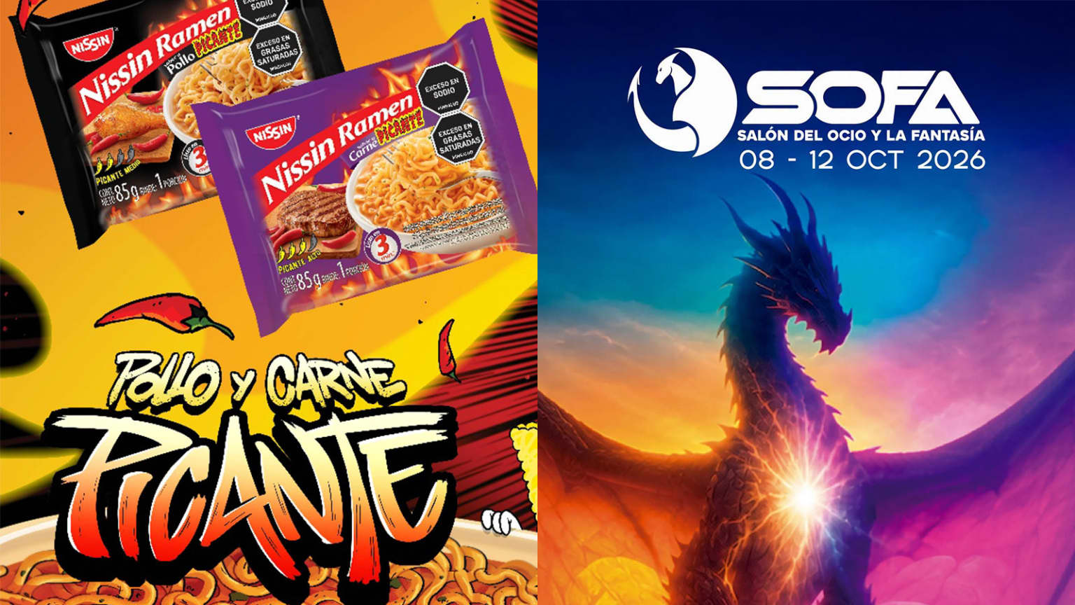 Arte da campanha Pollo y Carne Picante da Nissin, com pacotes de Nissin Ramen, mascotes de macarrão em chamas e o slogan em espanhol