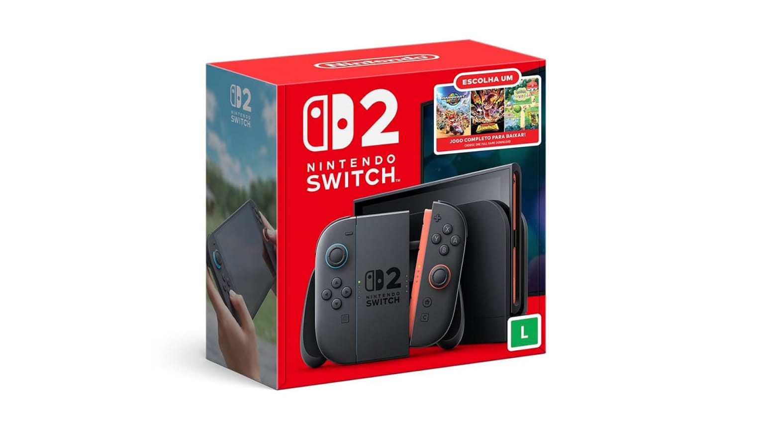 Caixa do novo bundle do Nintendo Switch 2 com o selo Escolha Um e as artes de Mario Kart World, Donkey Kong Bananza e Pokémon Pokopia
