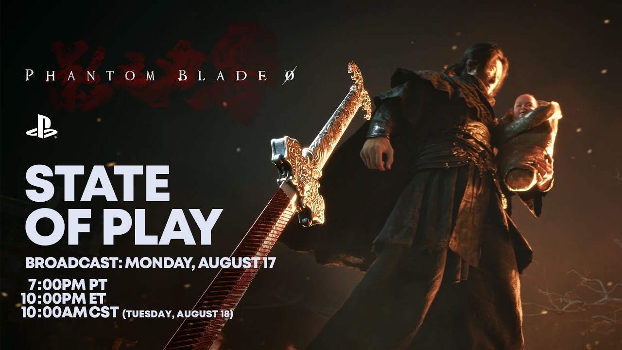 Arte oficial do State of Play de Phantom Blade Zero, com um guerreiro de manto segurando um bebê no colo e uma espada dourada cravada à frente