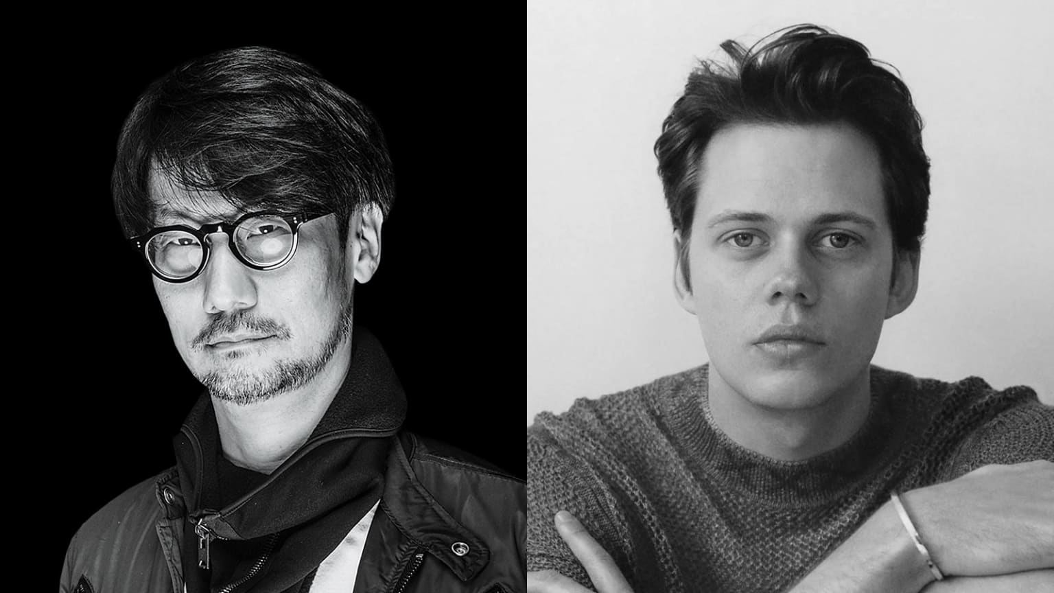 Retratos em preto e branco de Hideo Kojima e Bill Skarsgård lado a lado, o diretor sobre fundo escuro e o ator sobre fundo claro