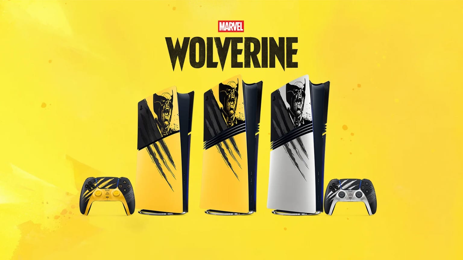 Consoles PS5 e controles DualSense das edições limitadas Battle Yellow e Adamantium de Marvel's Wolverine, com marcas de garra sobre fundo amarelo