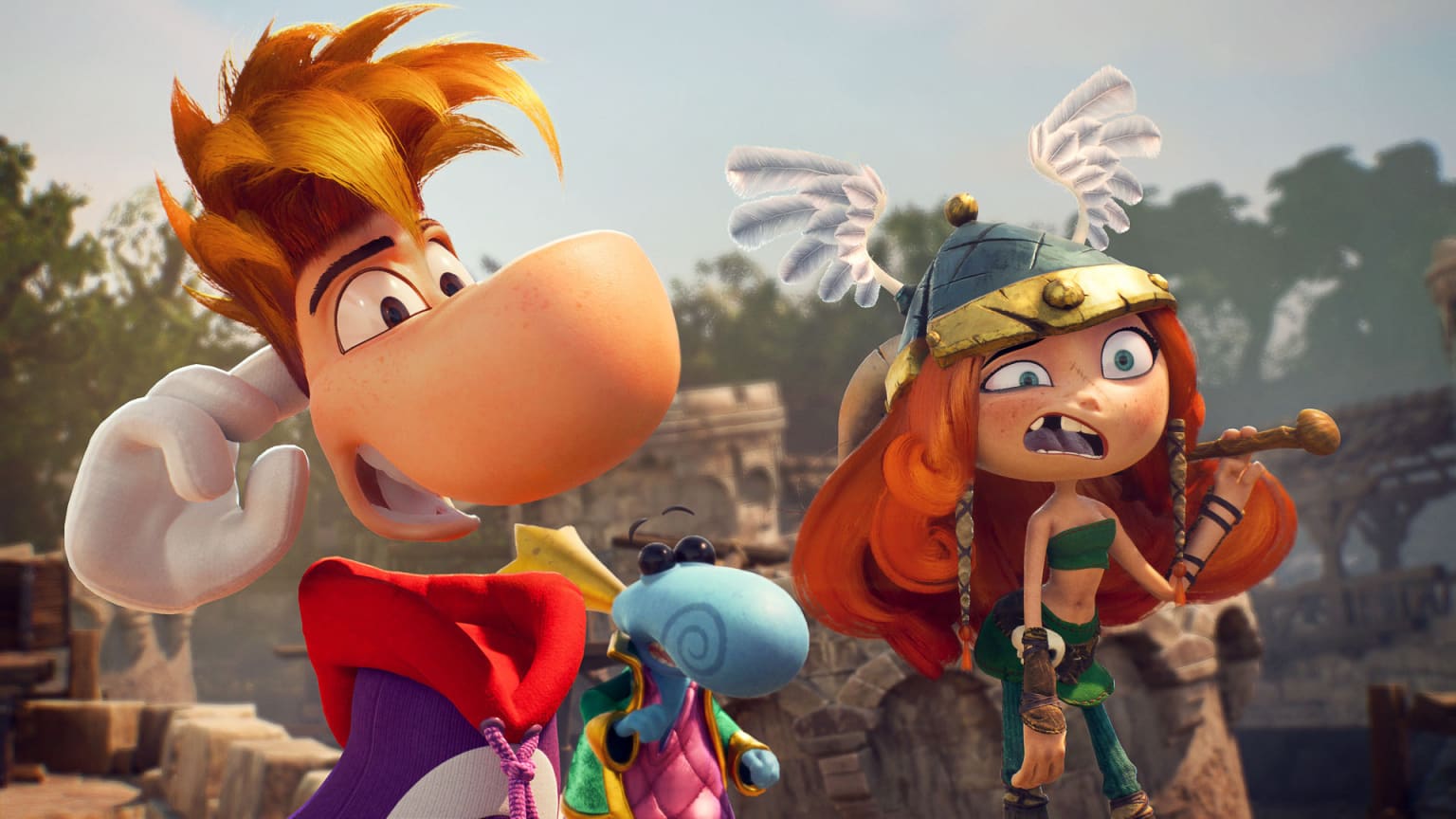 Rayman coça a cabeça ao lado de um pitoco e de Barbara, de capacete alado, diante de ruínas de pedra em Rayman Legends Retold