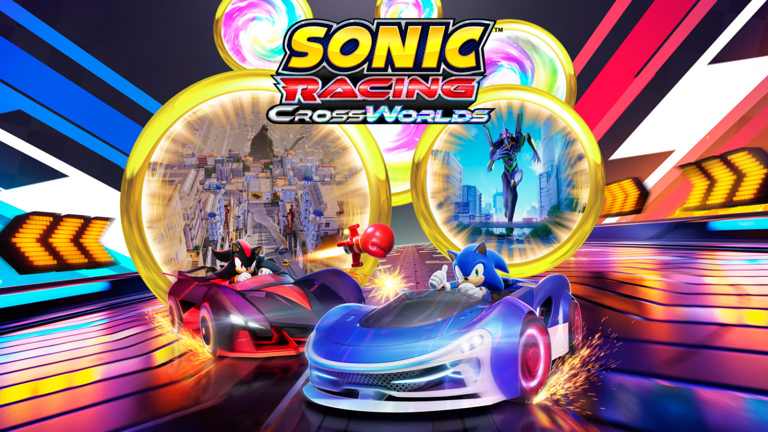 Arte oficial do Ano 2 de Sonic Racing: CrossWorlds, com Sonic e Shadow em seus carros diante de Rings de Travessia que mostram Godzilla numa cidade e o EVA-01, sob o logo do jogo