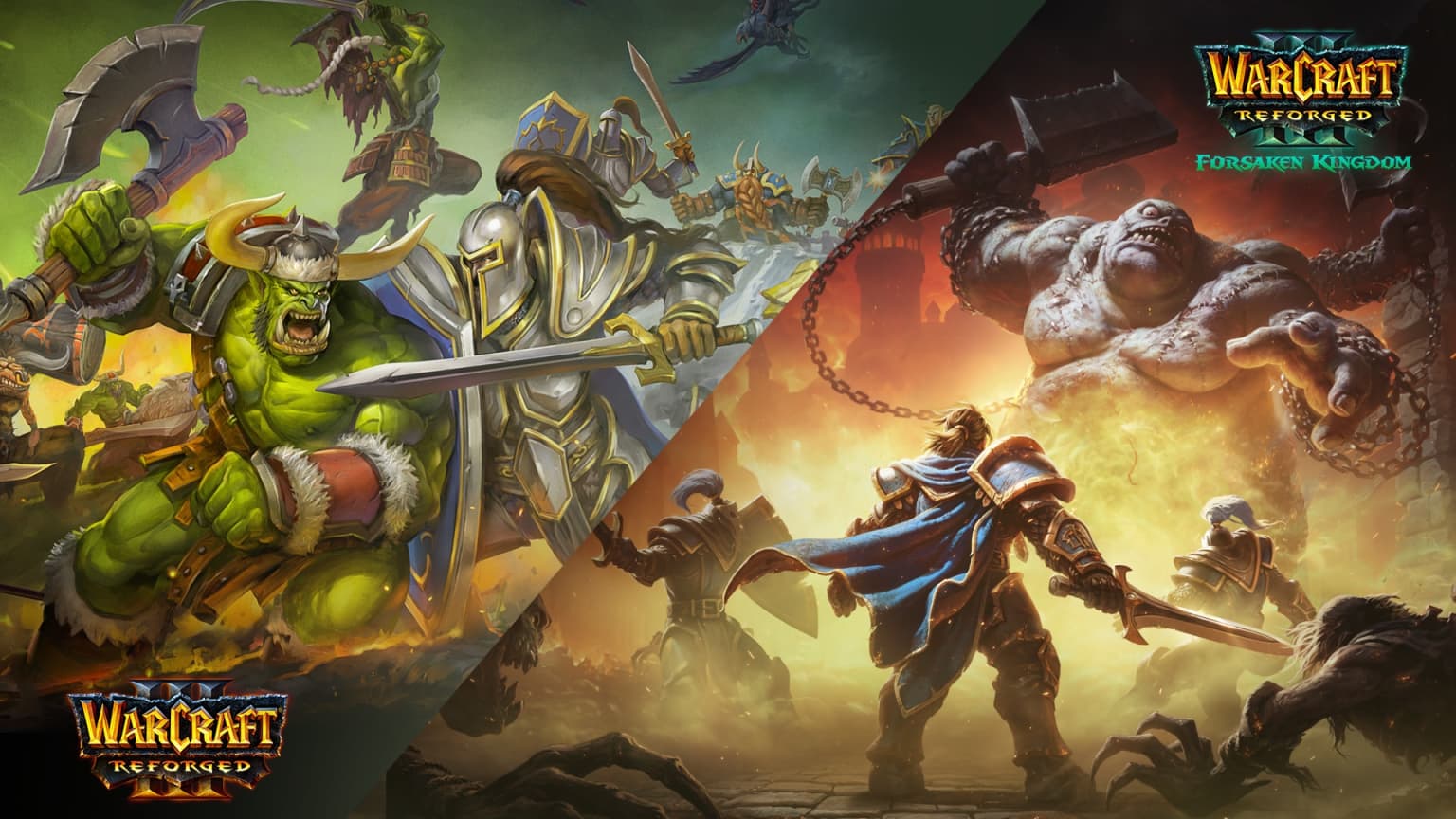 Arte de Warcraft III Reforged dividida ao meio, com um orc e um cavaleiro humano em combate de um lado e, do outro, um guerreiro de capa azul diante de um morto-vivo gigante acorrentado numa cidade em chamas