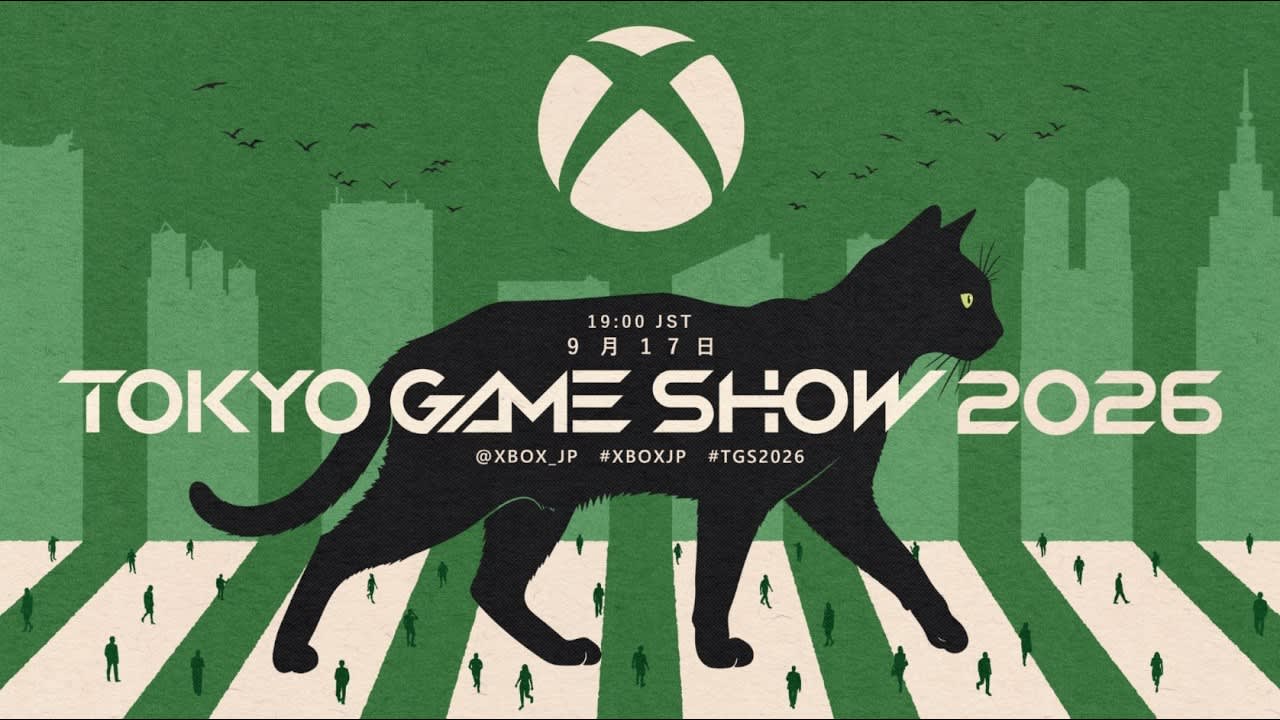 Gato preto atravessa uma faixa de pedestres sobre fundo verde com a silhueta de Tóquio e o logo do Xbox