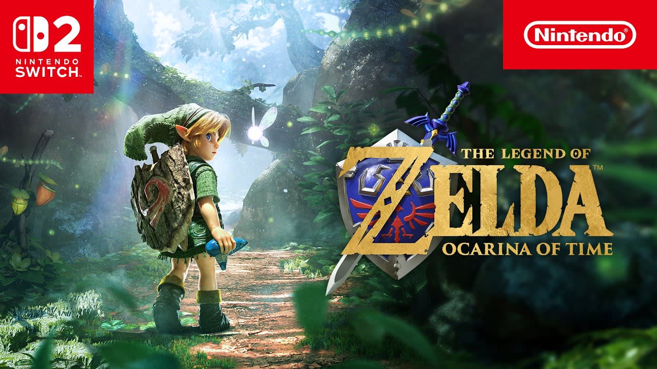 Link jovem de costas segurando a ocarina azul em uma trilha na floresta, ao lado de uma fada brilhante, com a Master Sword e o logo de The Legend of Zelda Ocarina of Time