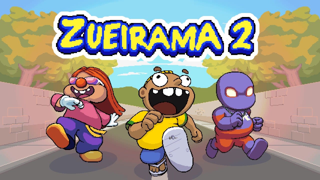 Zoinho, de camiseta amarela, corre por uma rua arborizada ao lado de dois personagens, sob o logo de Zueirama 2