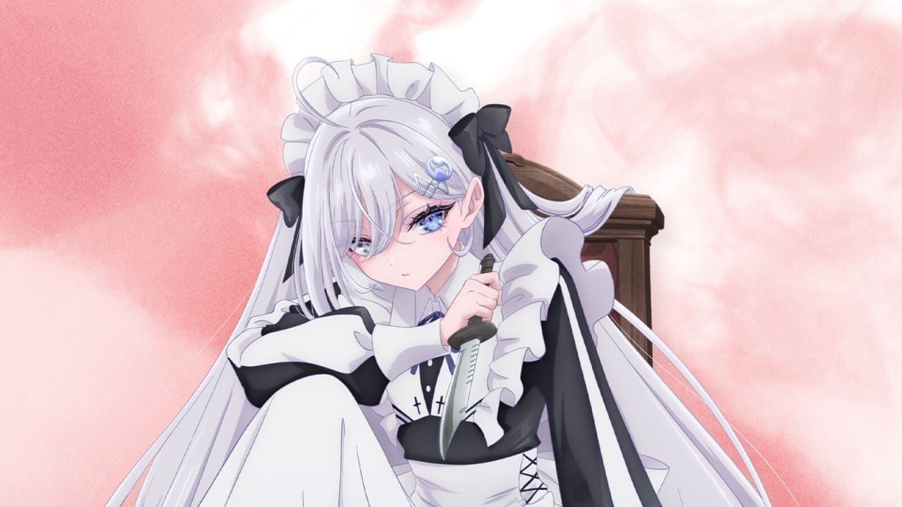 Yuki, de cabelo prateado e uniforme de empregada, segura uma faca diante de uma fumaça rosa, na arte de SHIBOYUGI
