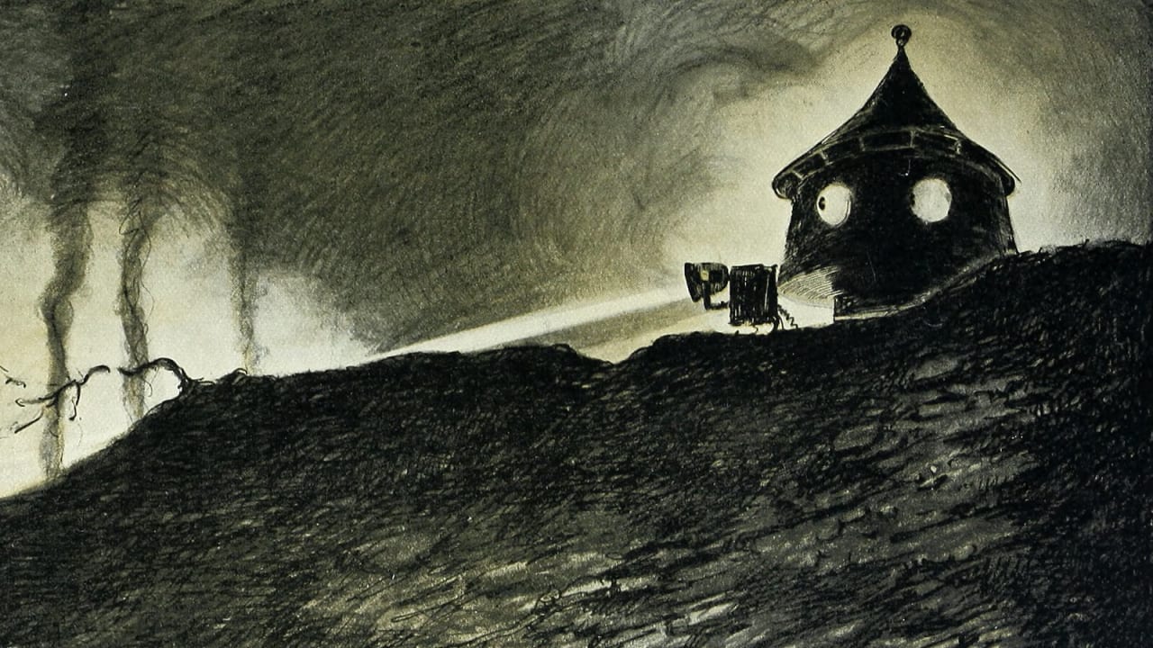 Ilustração de Henrique Alvim Corrêa em que a cabeça de uma máquina marciana, com dois olhos redondos e um canhão de raio, surge atrás de um morro escuro