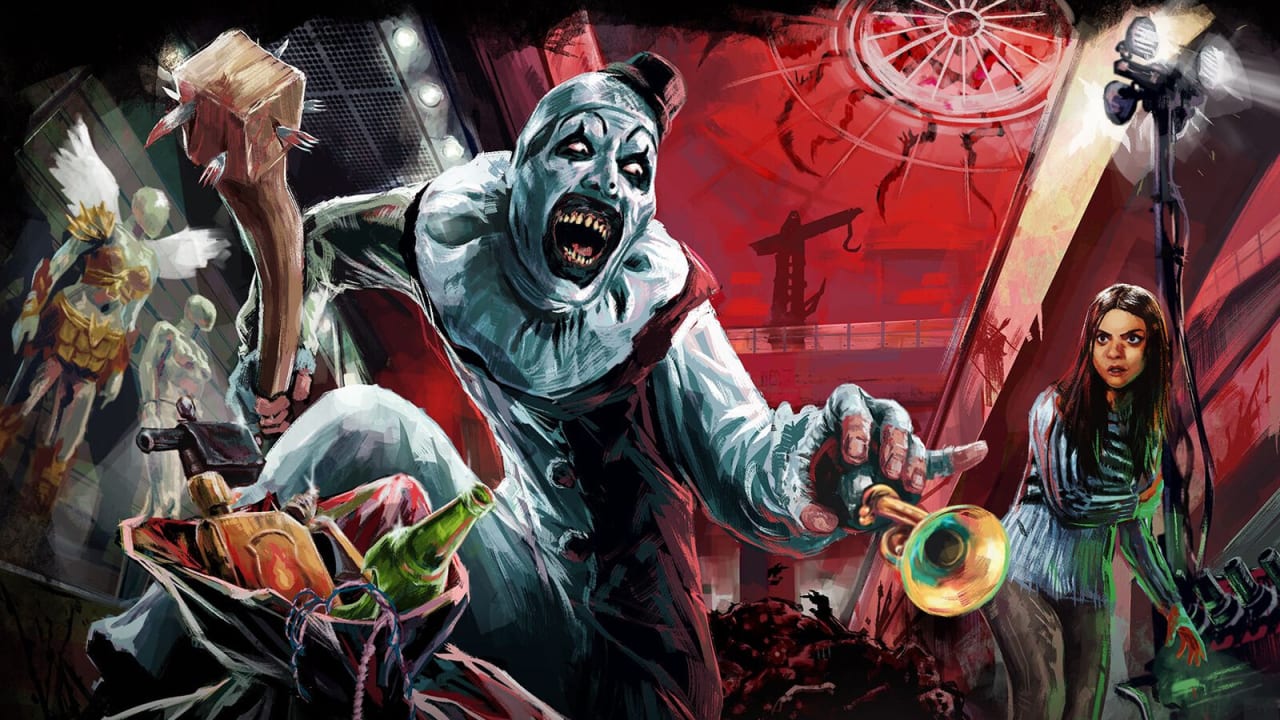 Arte do capítulo Terrifier de Dead by Daylight com Art the Clown avançando com um taco, um saco de brinquedos e uma buzina num shopping vermelho, e Sienna Shaw à direita