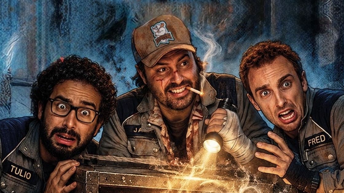 Túlio, Jack e Fred desenhados, assustados diante de um arquivo aberto iluminado pela lanterna de Jack