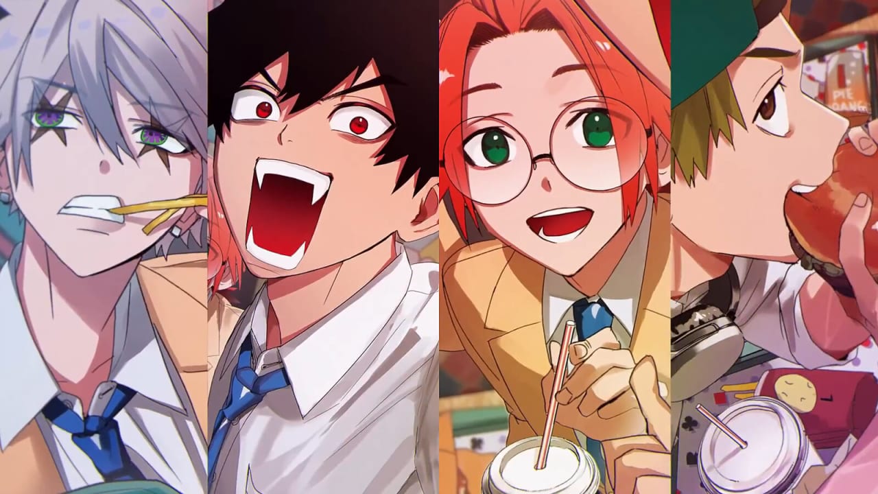 Os quatro protagonistas de Phantom Busters em painéis lado a lado: Zaki com batatas fritas na boca, Mogari com os caninos à mostra, Korekishi de óculos e Tamon mordendo um hambúrguer