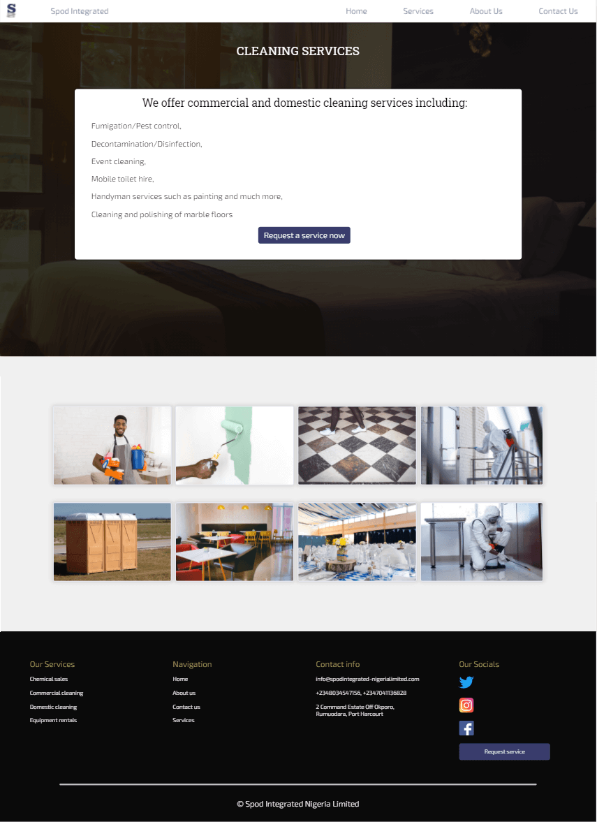 Screenshot of the cleaning services page.
