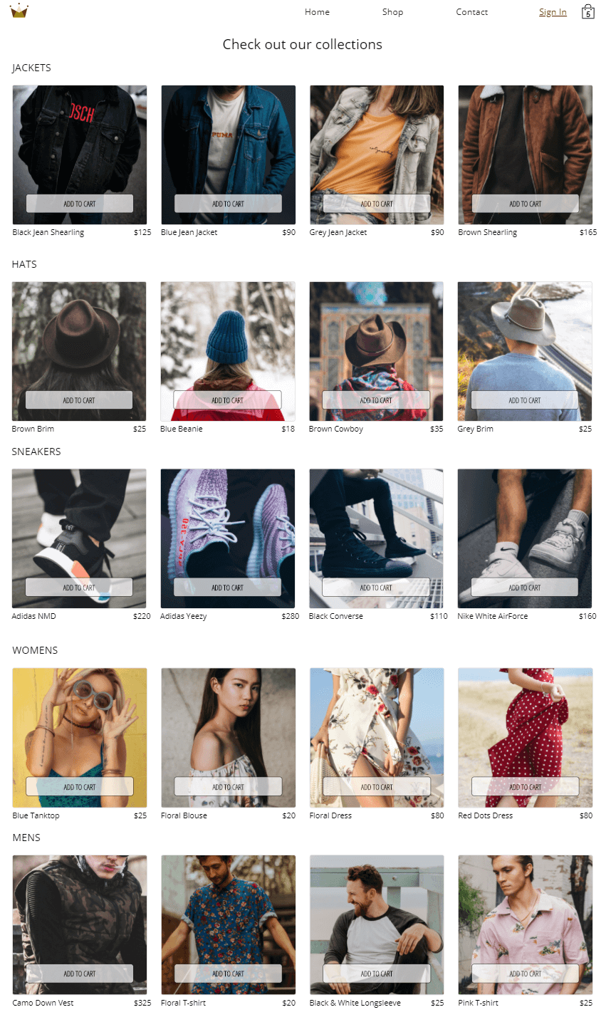 Full-page screenshot of the shop page of the crown clothing web app.