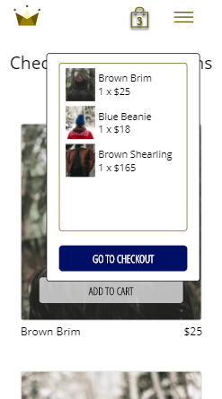Screenshot of cart items on a mobile screen. A brown brim, a blue beanie and a brown shearling have been added to the cart.