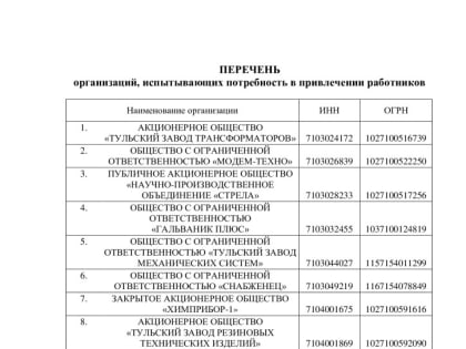 Опубликован список предприятий Тульской области, которые наиболее остро нуждаются в кадрах