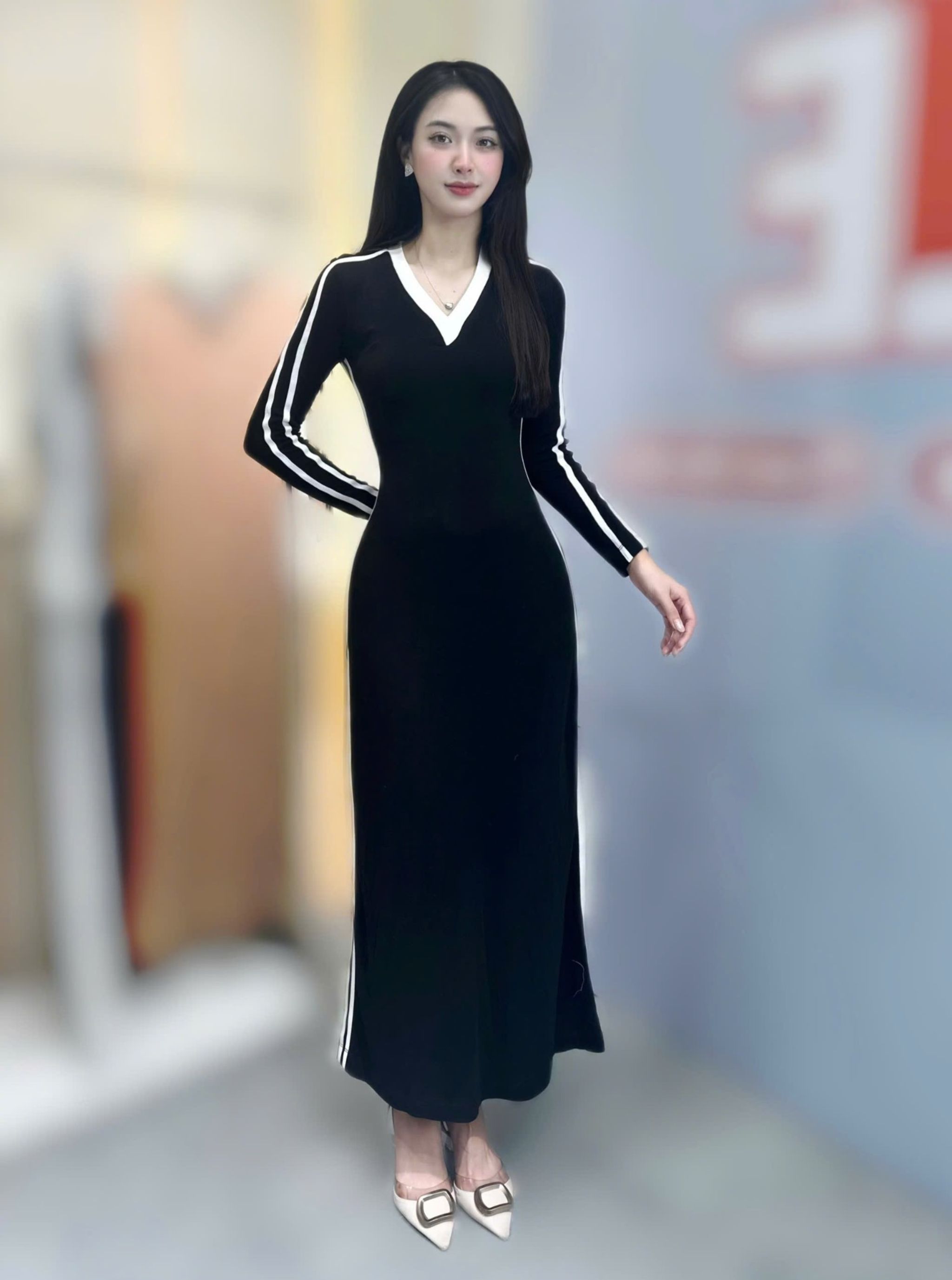 Đầm thun kẻ sườn