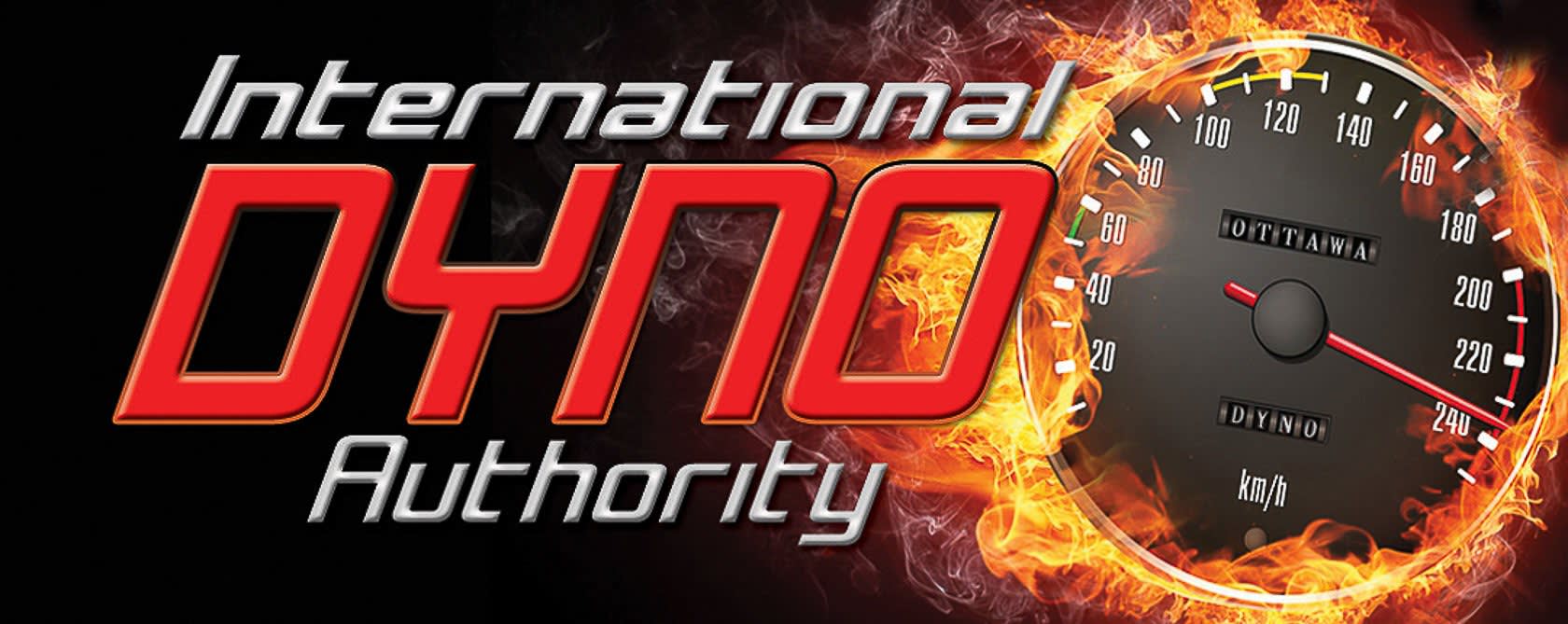 International dyno authority logo. speedometer surrounded by flames.