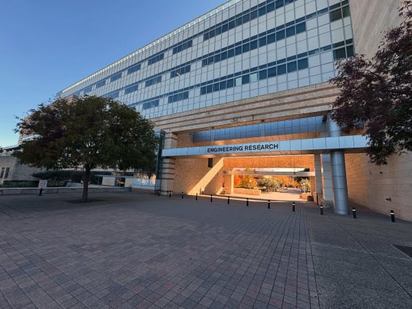 A glass-fronted building with an Engineering Research entrance