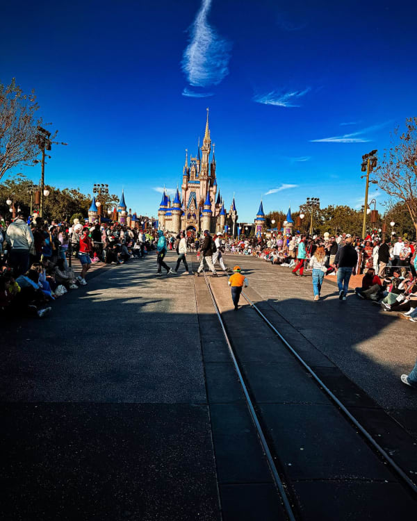 A crowd lining a theme-park street with a castle in the distance
