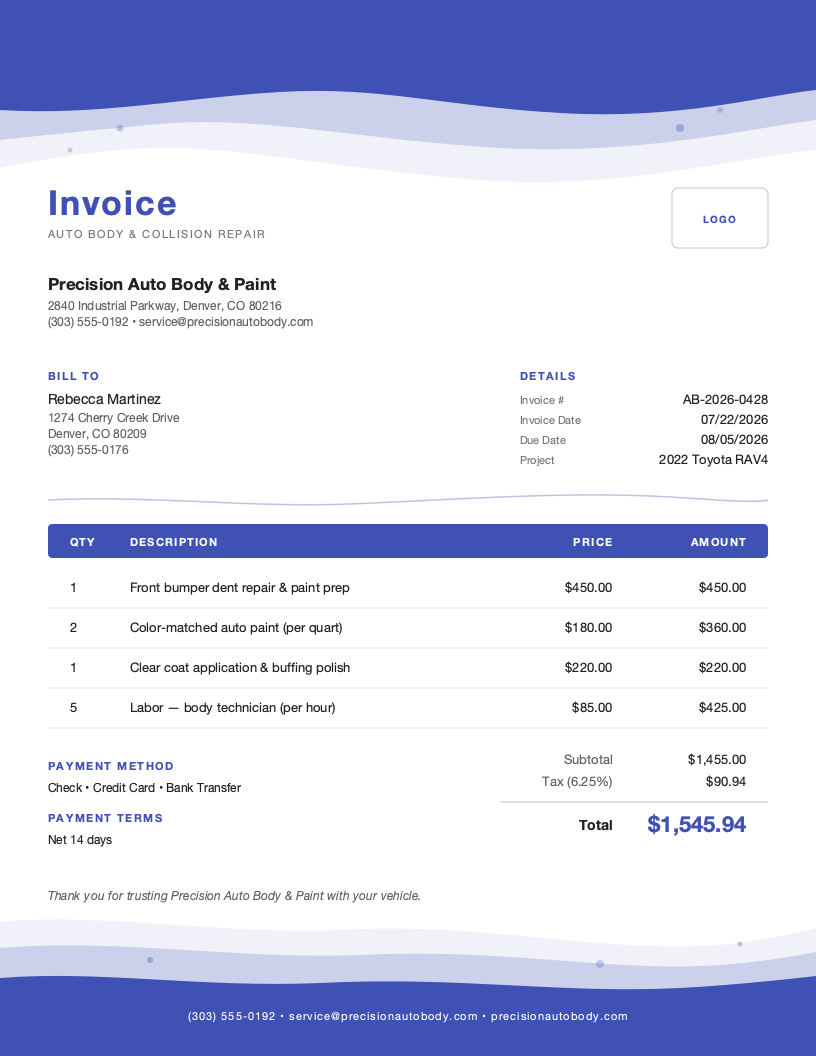 Artistic Auto Body Invoice Template