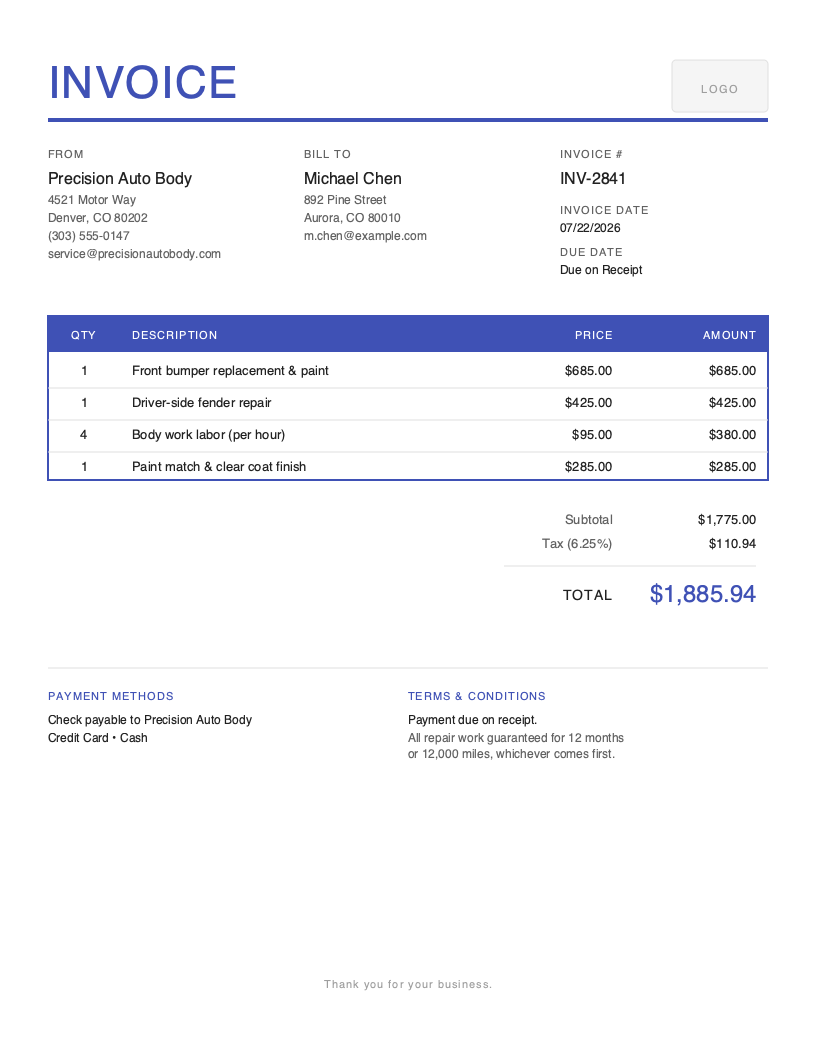 Auto Body Invoice Template