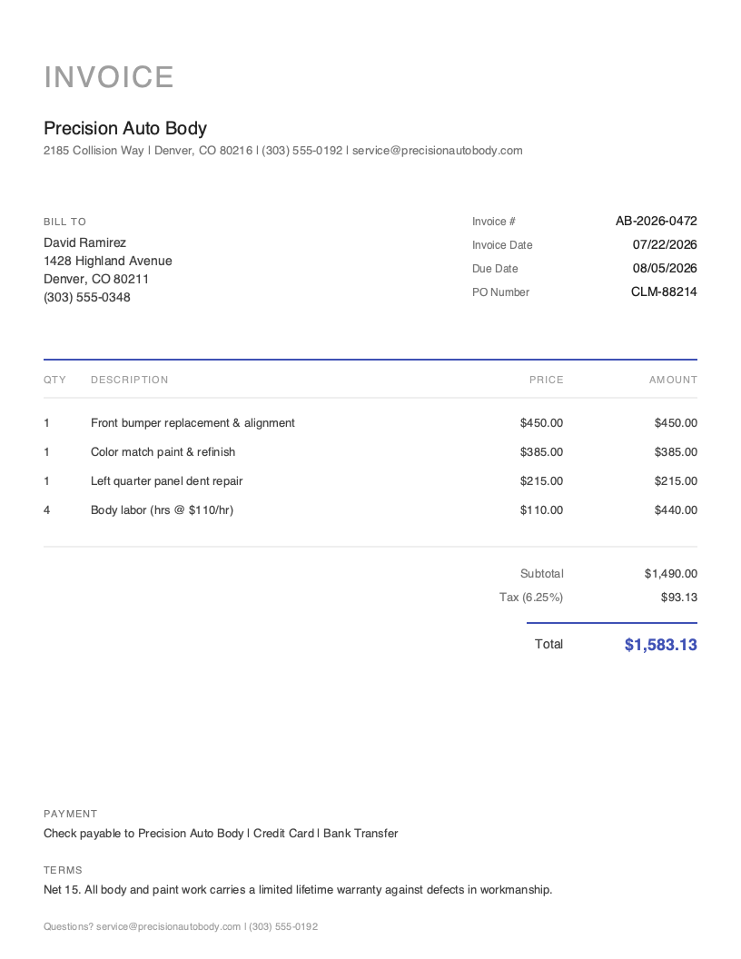 Minimal Auto Body Invoice Template